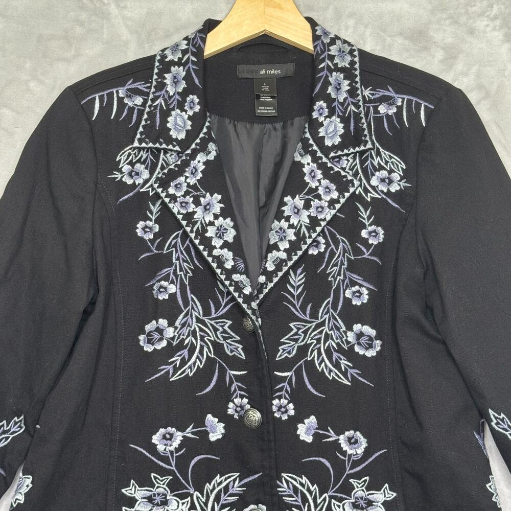 Ali Miles Black Jean Jacket with White & Light Blue Floral Embroidery - Picture 2 of 14